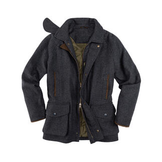 Alan Paine Hunting Coat in grijze stof met meerdere zakken en bruine accenten.