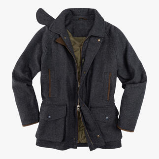 Alan Paine Hunting Coat in grijze stof met meerdere zakken en bruine accenten.