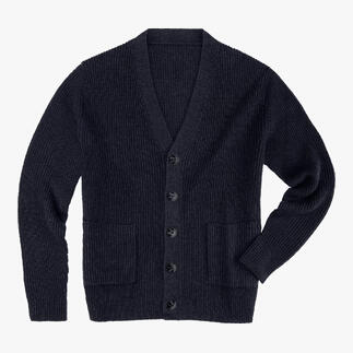 Vooraanzicht van een marineblauwe cardigan met zakken en knopen