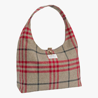 Frontalzicht van de Tartan-shopper met label, rood-wit geruit patroon