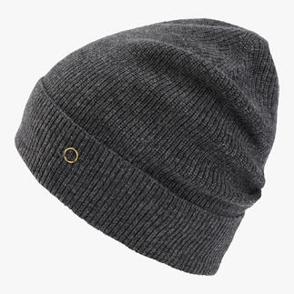 Donkergrijze kasjmier beanie van opzij