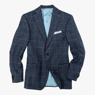 Carl Gross Panama-jack in blauw met grijze voering, casual gedrapeerd.