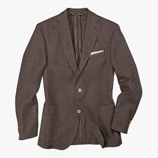 Bruin luxe zomerjasje met klassieke snit, twee zakken en knopen.