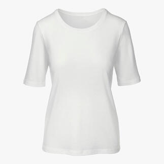 Wit Tencel™-T-shirt met korte mouwen en ronde hals op een model.