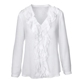 Witte blouse met ruffles en V-hals, met lange mouwen en ruffles aan de voorkant.