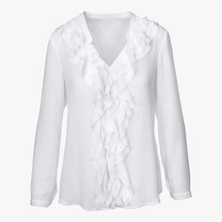 Witte blouse met ruffles en V-hals, met lange mouwen en ruffles aan de voorkant.