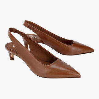 Cognackleurige slingpumps in maat 36 met hak.