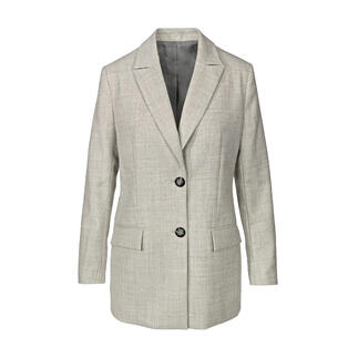 Grijze blazer met twee knopen op een witte achtergrond.