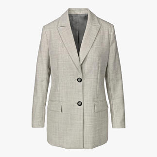 Grijze blazer met twee knopen op een witte achtergrond.