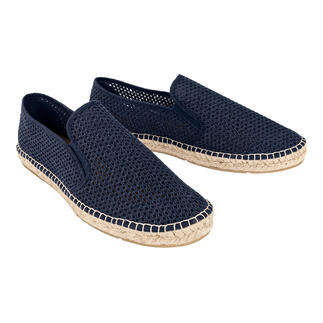Donkerblauwe zomer-slippers van netmateriaal, als paar.