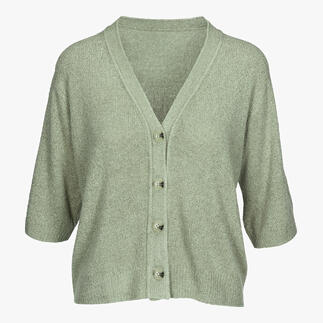 Groene zijden bouclé cardigan met V-hals en vijf knopen.