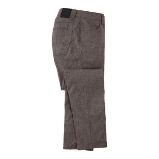 Taupekleurige kasjmier five-pocket broek, zijaanzicht.