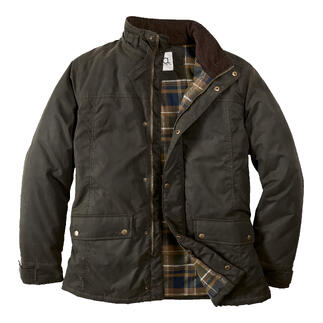 Olijfgroene Oilskin-Outdoorjas met gekarodeerd patroon aan de binnenkant en knopen.