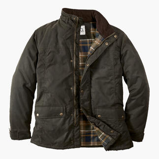 Olijfgroene Oilskin-Outdoorjas met gekarodeerd patroon aan de binnenkant en knopen.