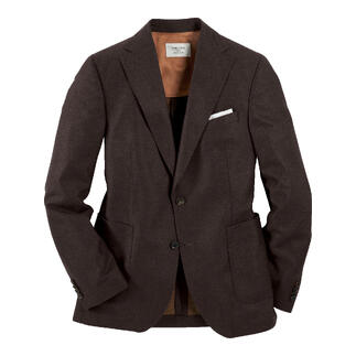 Bruine fijnvilt blazer op een witte achtergrond.