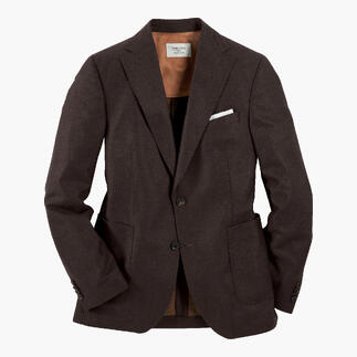 Bruine fijnvilt blazer op een witte achtergrond.