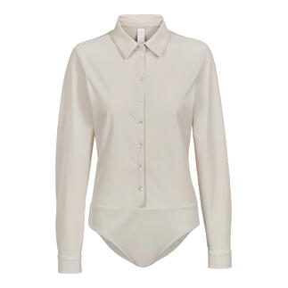 Beige blouse body met lange mouwen en knopen.