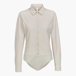 Beige blouse body met lange mouwen en knopen.