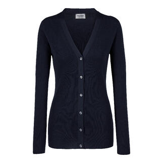 Donkerblauwe cardigan met V-hals en knopen.