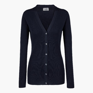 Donkerblauwe cardigan met V-hals en knopen.