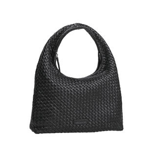 Zwarte hobo geweven tas, met brede schouderband en elegant ontwerp.