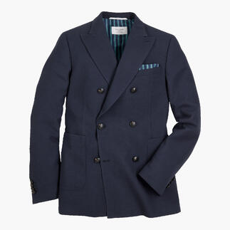 Donkerblauwe Pinpoint-blazer met dubbele knoopsluiting en brede revers.