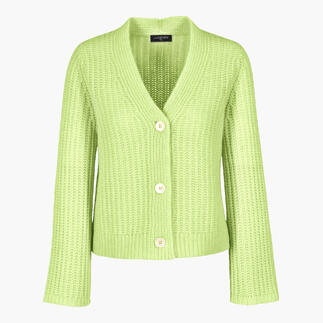 Heldere, groen gestructureerde cashmere-katoen cardigan met knopen, van voren.
