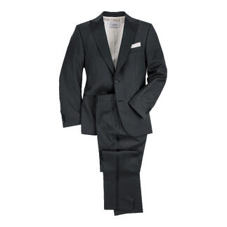 Zwarte smoking blazer met bijpassende broek op een witte achtergrond.