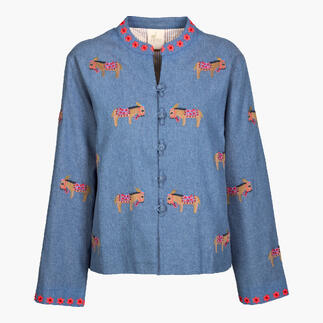 Jeansjack met borduurwerk in blauw met een nostalgisch ontwerp.