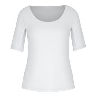 Wit functioneel blazershirt met ronde halslijn, voorkant.
