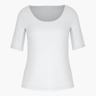 Wit functioneel blazershirt met ronde halslijn, voorkant.
