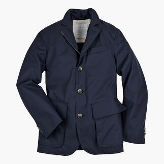 Lodenfrey Allwetter-jack in donkerblauw, open, met veel zichtbare details