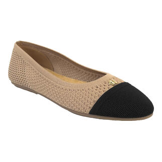 Sand-zwarte ballerina's van mesh met ronde neus.
