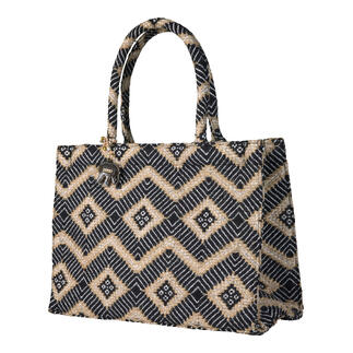 Zwarte jacquard shopper met ruitenpatroon en handvatten.