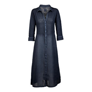 Donkerblauwe linnen combinatie jurk met knoopsluiting en lange snit