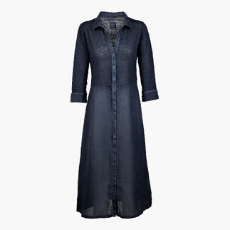 Donkerblauwe linnen combinatie jurk met knoopsluiting en lange snit