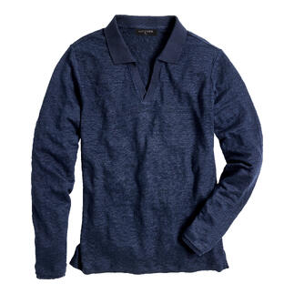 Blauwe langarmshirt ligt plat op een oppervlak.