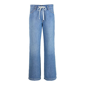 Voorkant van een blauwe katoen jeans met trekkoord