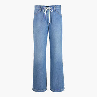 Voorkant van een blauwe katoen jeans met trekkoord