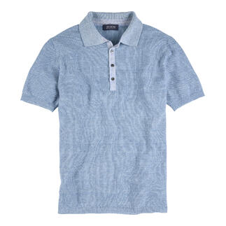 Donkerblauwe gebreide polo met korte knoopsluiting.