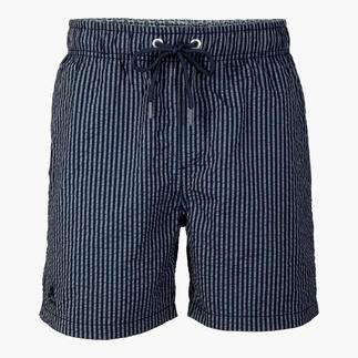 Navy seersucker zwembroek, maat 46, op een witte achtergrond.