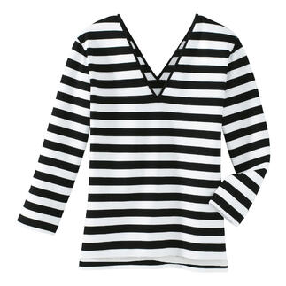 Gestreepte tover-shirt met V-hals, liggend op een witte achtergrond.