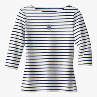 Wit Breton-shirt met blauwe strepen en klein logo op borsthoogte.