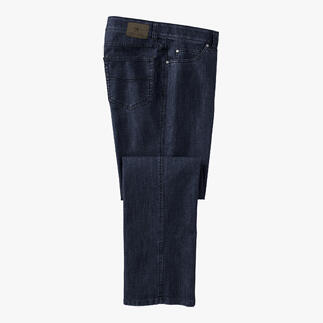 Donkerblauwe jeans, liggend.