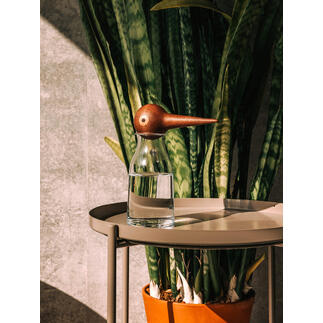 Glas water met houten vogelvormige waterdispenser op een tafel.