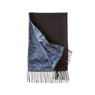 Ascot kasjmier-zijden omkeerbare sjaal met paisleypatroon in blauw en bruin.