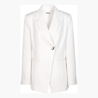Voorkant van een witte linnen-lyocell blazer op een witte achtergrond.