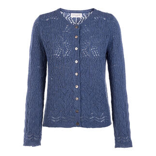 Paarse Eribe Lace-Stitch cardigan met knopen van voren gefotografeerd.
