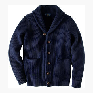 AP shawl-collard cardigan in marineblauw met dikke ribstructuur.