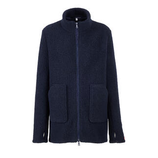 Vooraanzicht van de wollen sherpa fleecejack in donkerblauw met een rits.